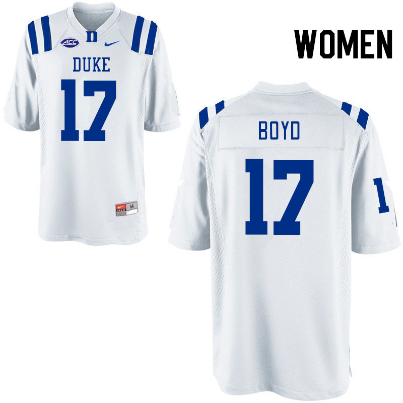 Women #17 Quran Boyd Duke Blue Devils College Football Jerseys Stitched Sale-White - Click Image to Close